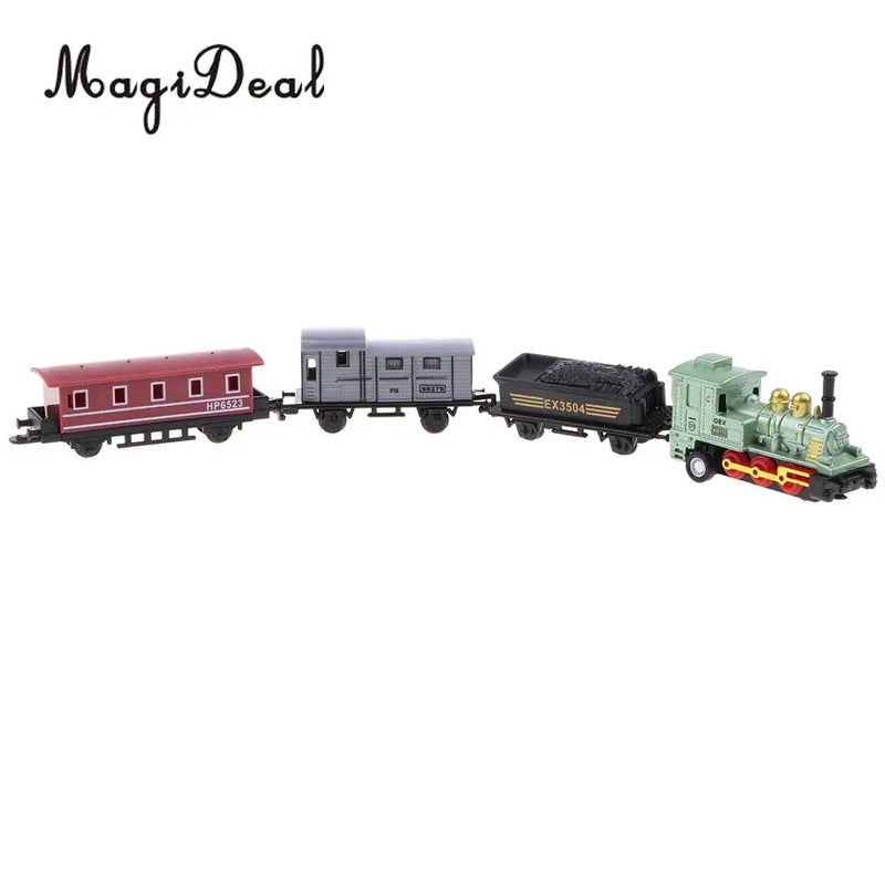 Conjunto de Trem a Vapor Miniatura Verde com 4 Peças: 1 Locomotiva e 3 Vagões de Trem, Brinquedo Divertido e Colecionável para Crianças e Adultos.