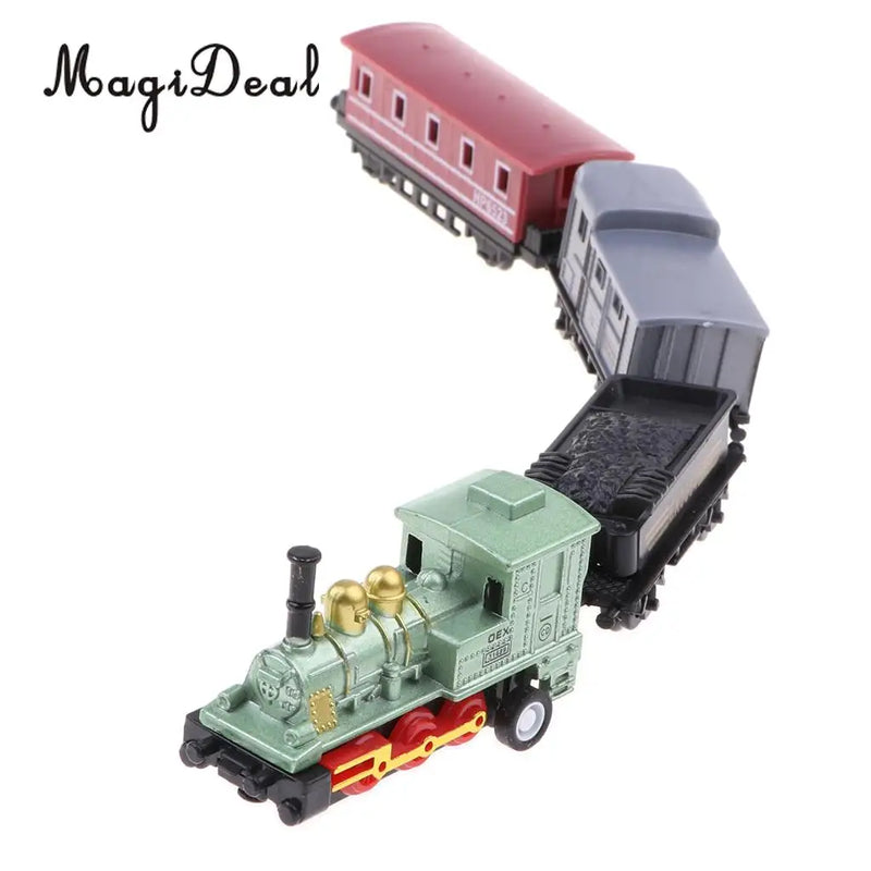 Conjunto de Trem a Vapor Miniatura Verde com 4 Peças: 1 Locomotiva e 3 Vagões de Trem, Brinquedo Divertido e Colecionável para Crianças e Adultos.